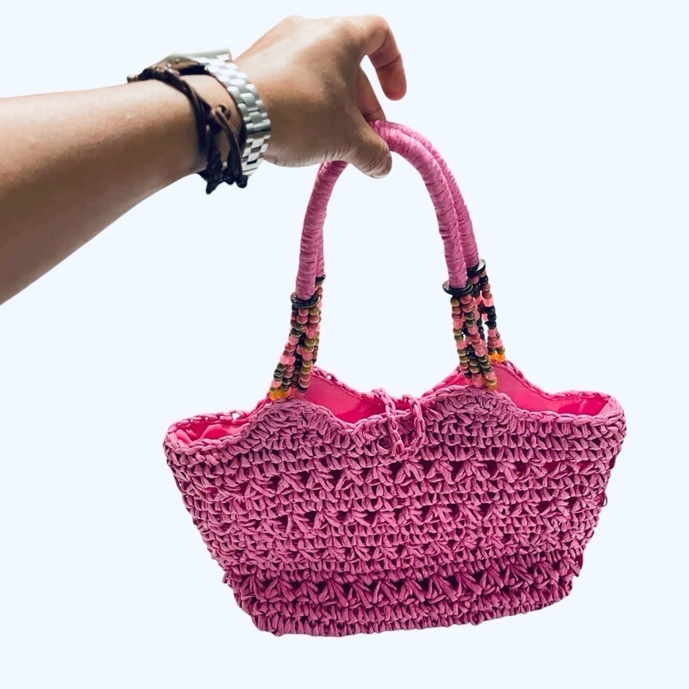 Cappelli bag Pink Woven Tote Bag, with beaded handles, Spring, Summer, Vacation - Picture 3 of 12